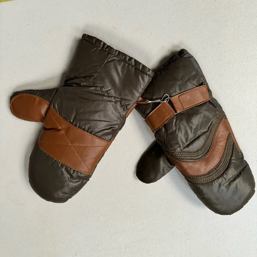 vintage mittens snow ski gloves brown nylon down feather brown duo tone medium